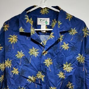 KY'S button down casual shirt. Size XL color blue with palm trees.